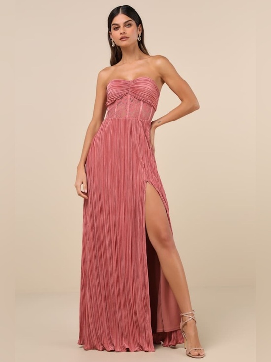 Lulus Dresses & Skirts - LULU’S Desme Rose Pink Satin Plisse Strapless Maxi Dress